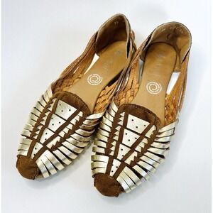 Ideal Gold Huarache Sandals Mexican Woven Leather Flats Size 8 Boho Artisan